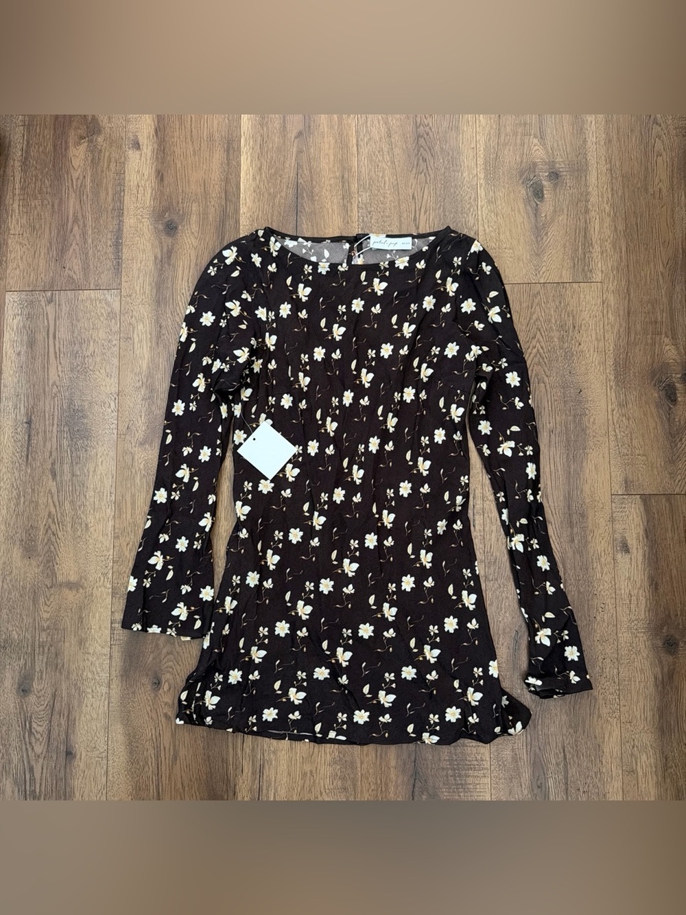 Floral Long-Sleeve Scoop Neck Mini Dress- Brown with Cream Flowers